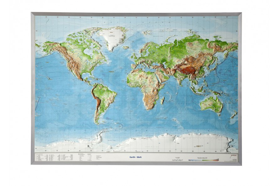 Carte du monde en relief avec cadre alu