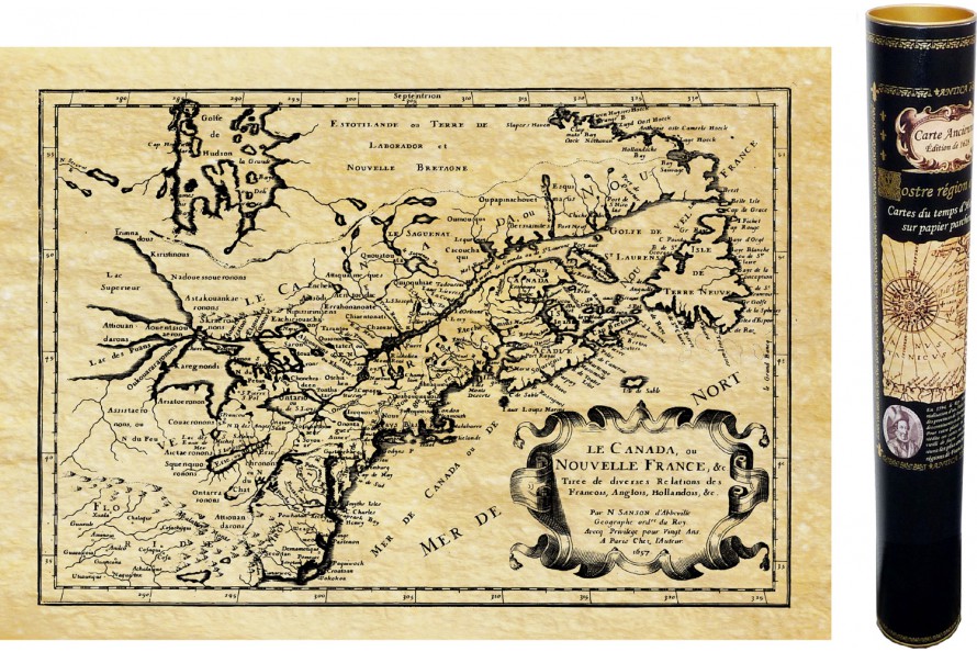 Alte Karte von New Frankreich, Kanada und Quebec im Jahr 1750 auf Pergamentpapier