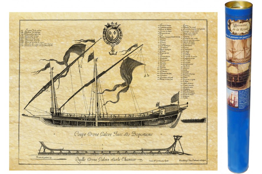 Galeerebene und -schnitt, antike Bootsgravur bearbeitet von ANTICA und reproduziert auf einem Pergamentpapier